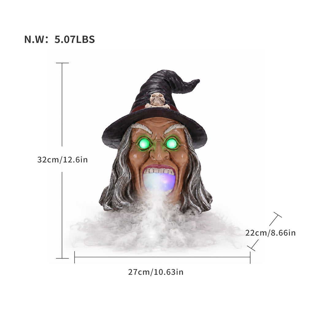 Halloween Witch Head Decor with LED Light and Mist Effect