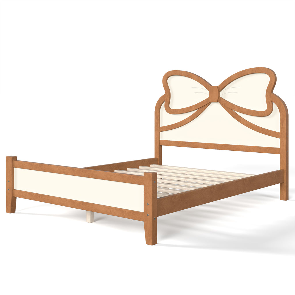 Full Size Wooden Platform Bed with Bow Headboard, Beige and Natural