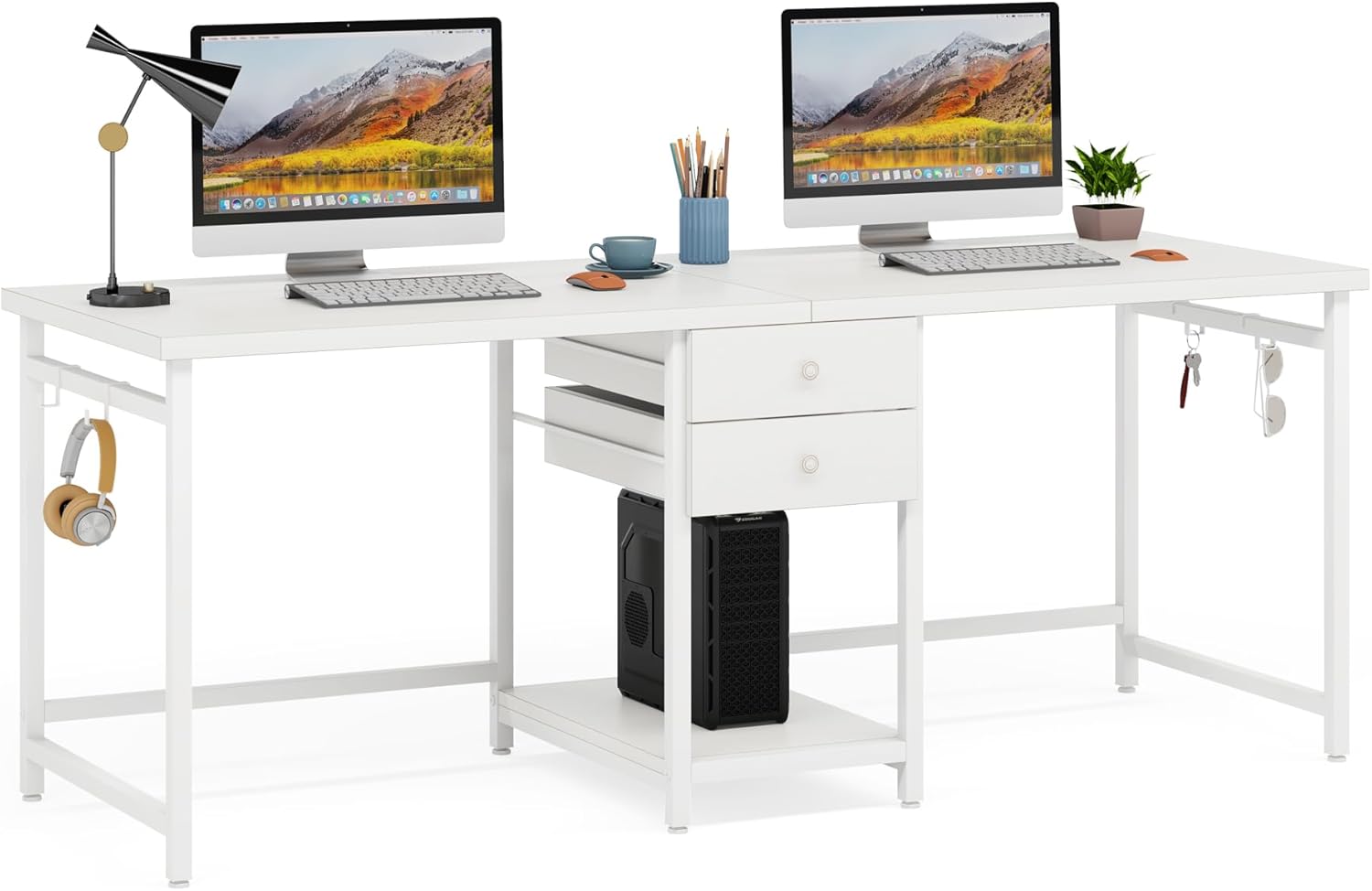 79-Inch Two Person Computer Desk with Drawers and Storage Shelves