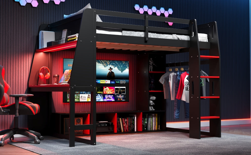 Wood Full Size Gaming Loft Bed with Desk, Multi-storage Shelves, LED and a Hanging Clothes Rack
