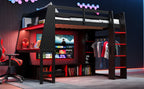 Wood Full Size Gaming Loft Bed with Desk, Multi-storage Shelves, LED and a Hanging Clothes Rack