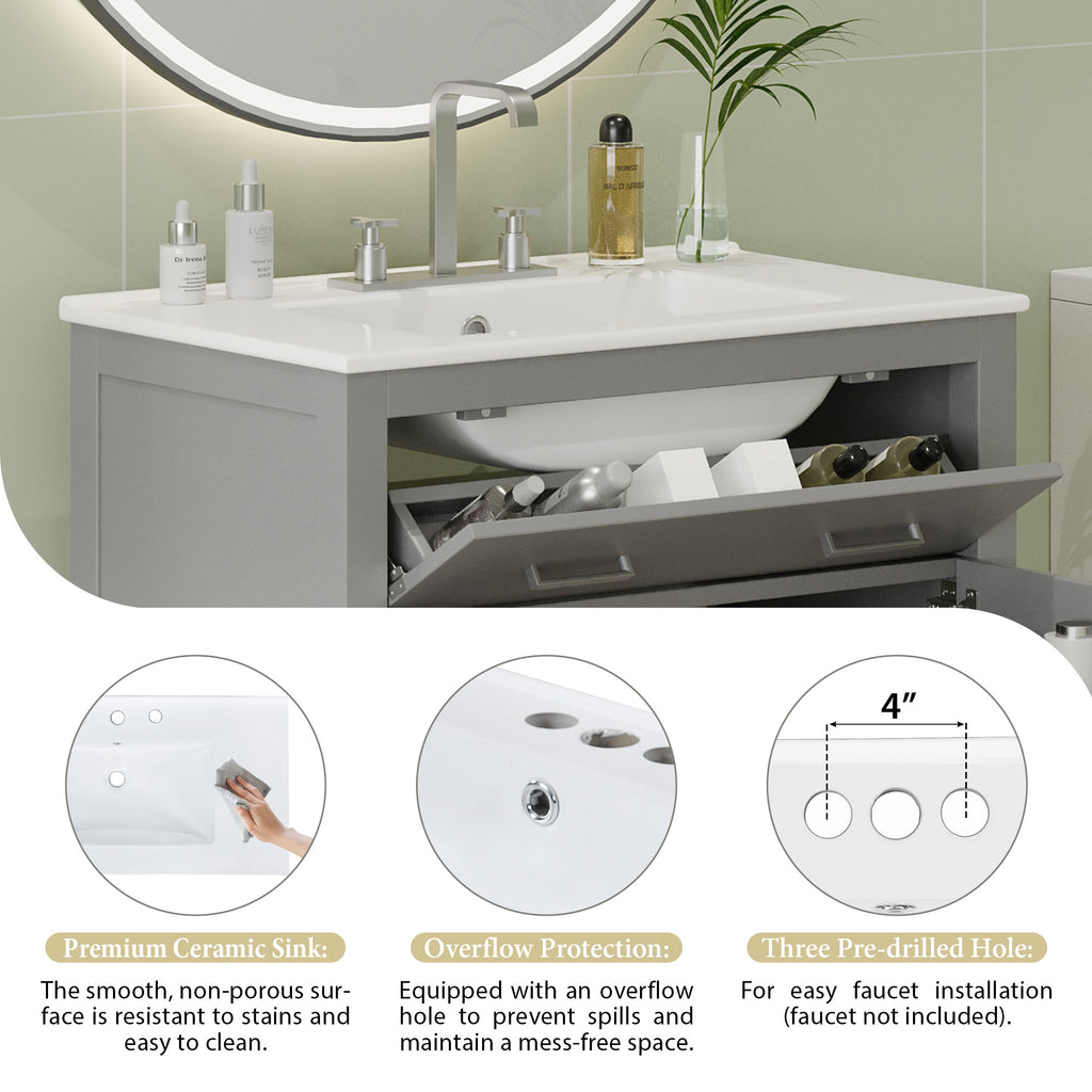 30" Bathroom Vanity with Ceramic Sink, Modern