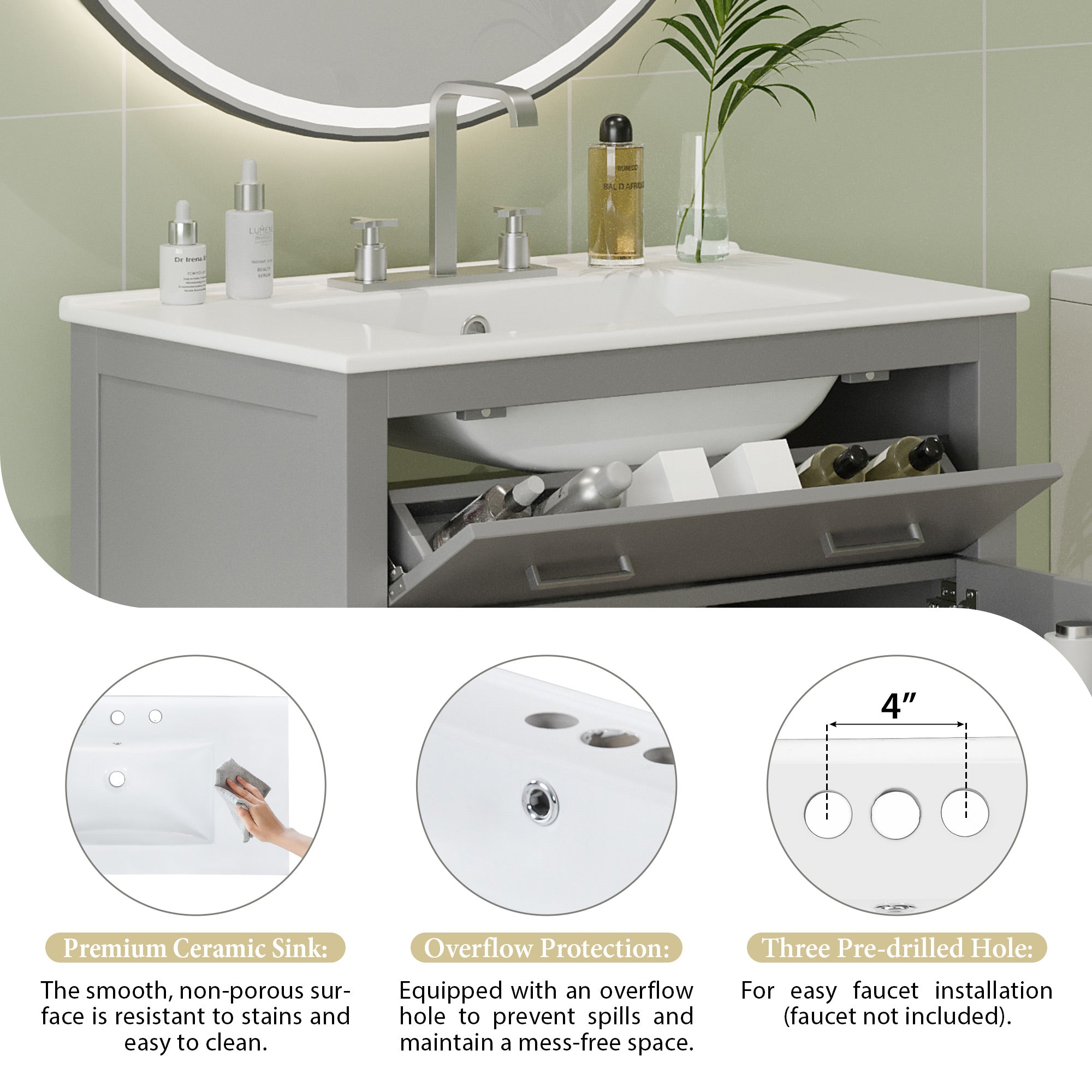 30" Bathroom Vanity with Ceramic Sink, Modern