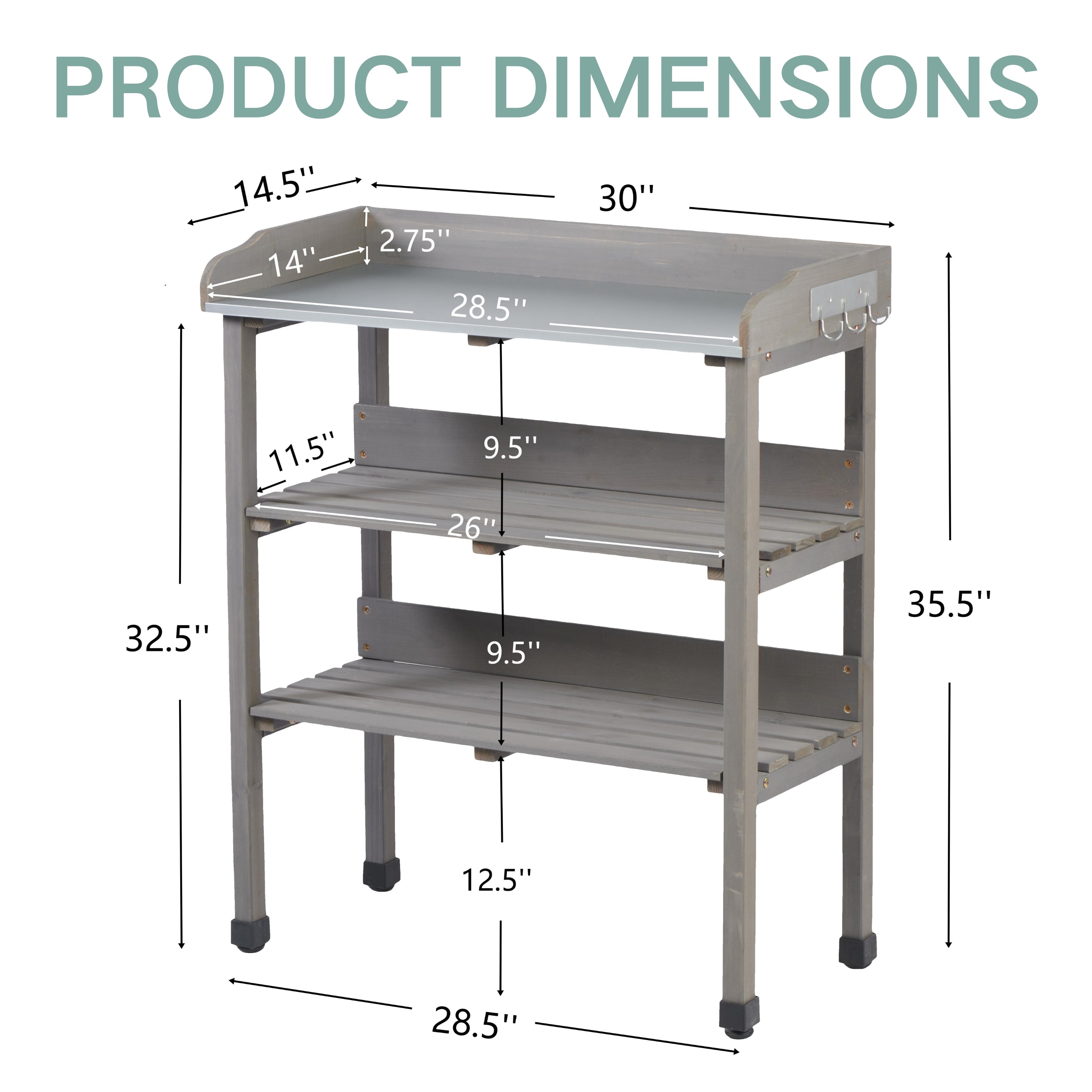 30″x14.5″×35.5″ Potting Table with Metal Tabletop
