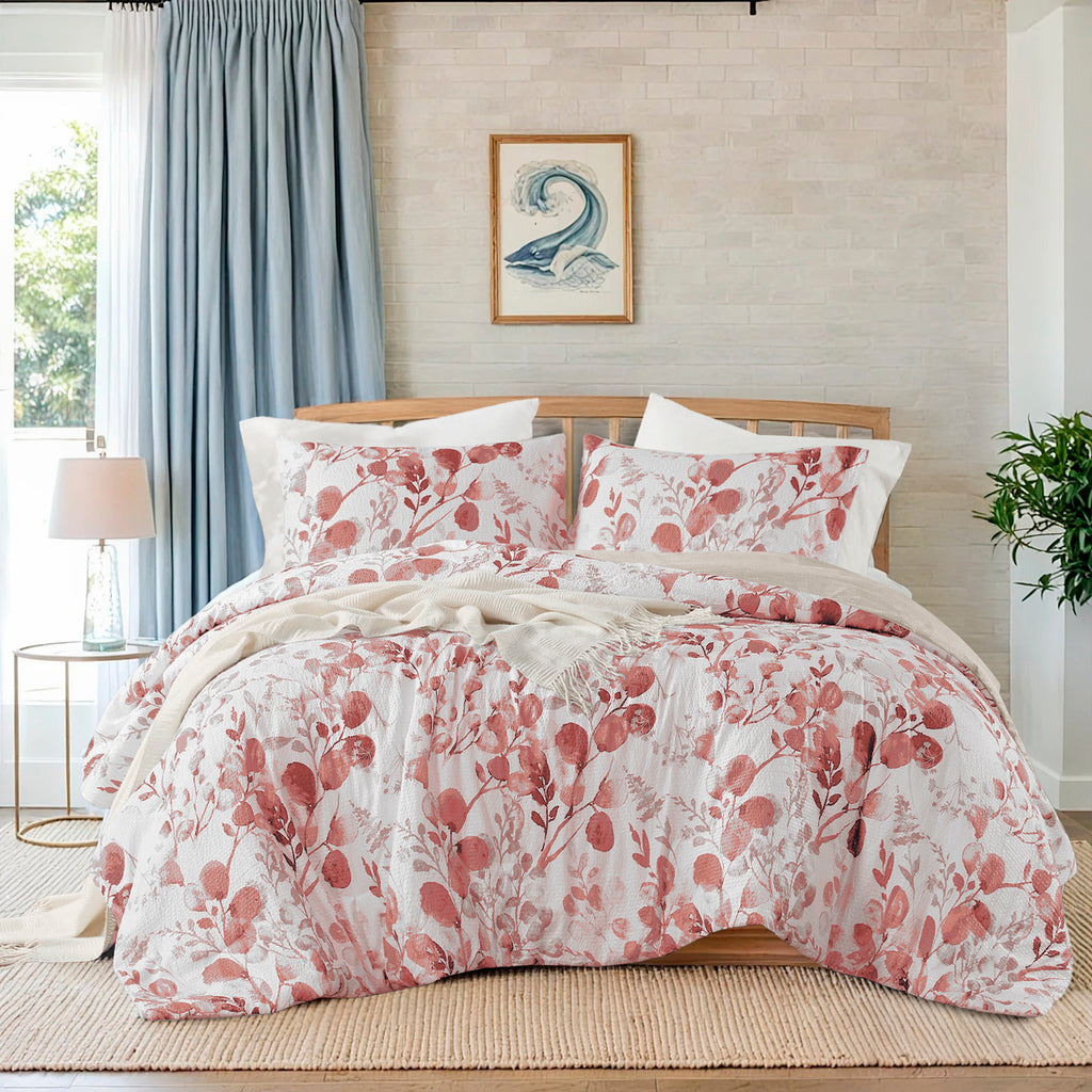 3-Piece King/Cal King Reversible Floral Botanical Seersucker Comforter Set