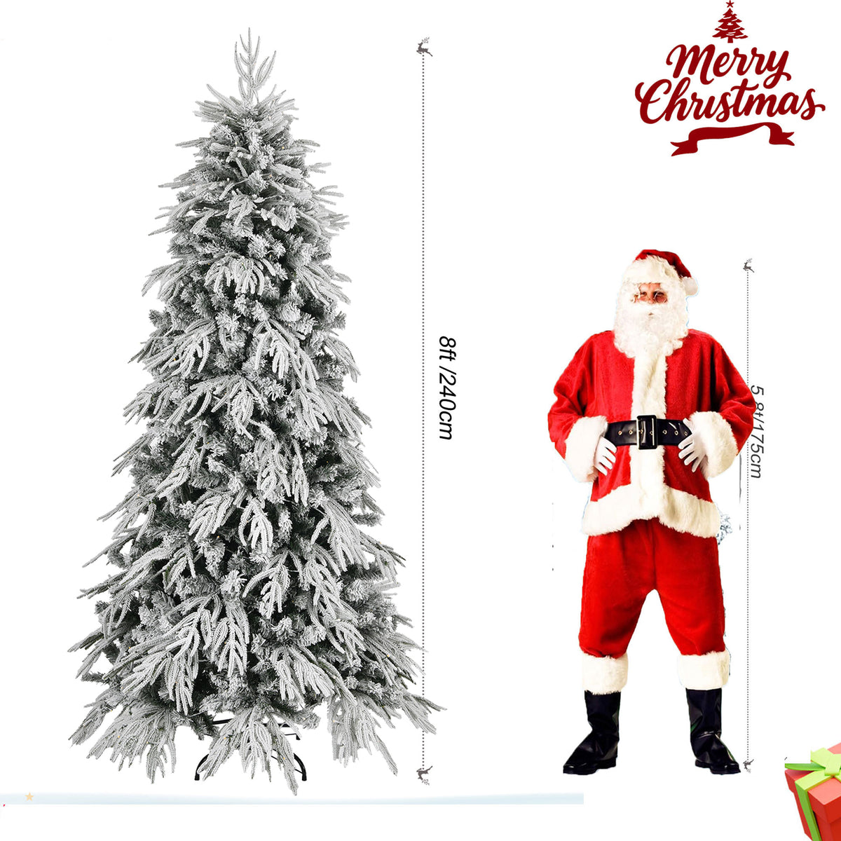 8ft Slim Flocked Christmas Tree, Pre-lit 350 Warm Lights, White