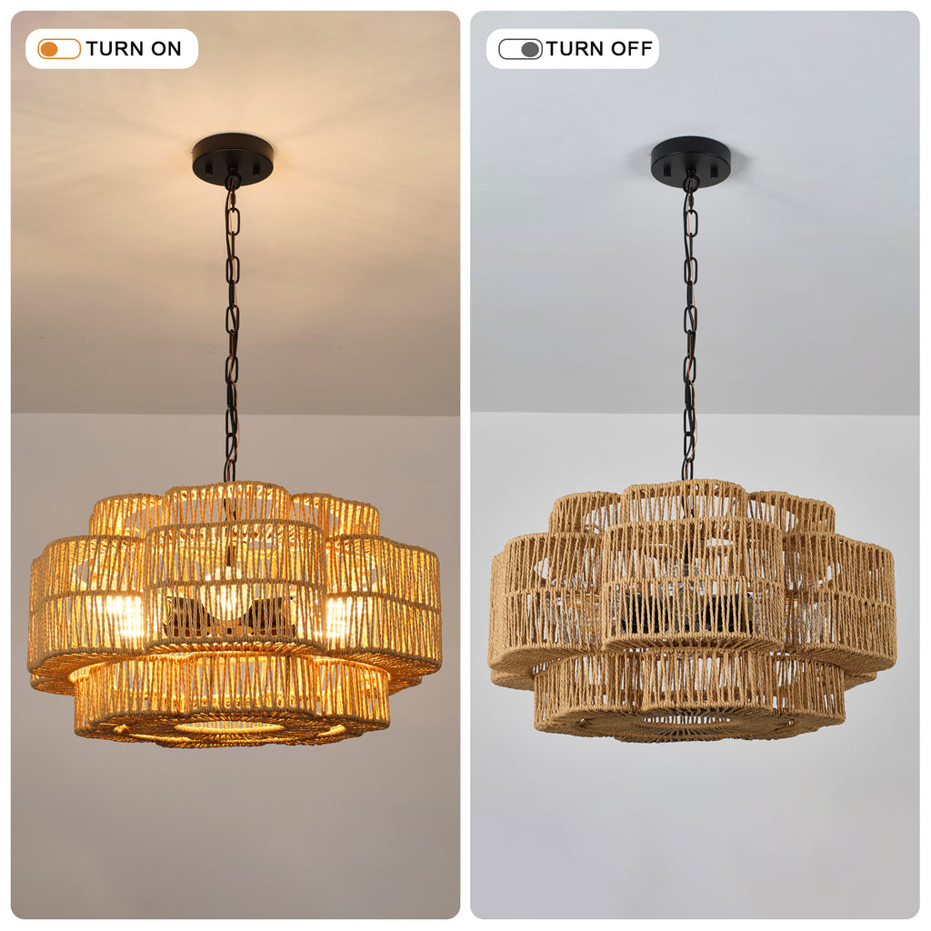 21.65-Inch 2-Tier Paper Rope Chandelier, Black Metal, 6-Light Pendant