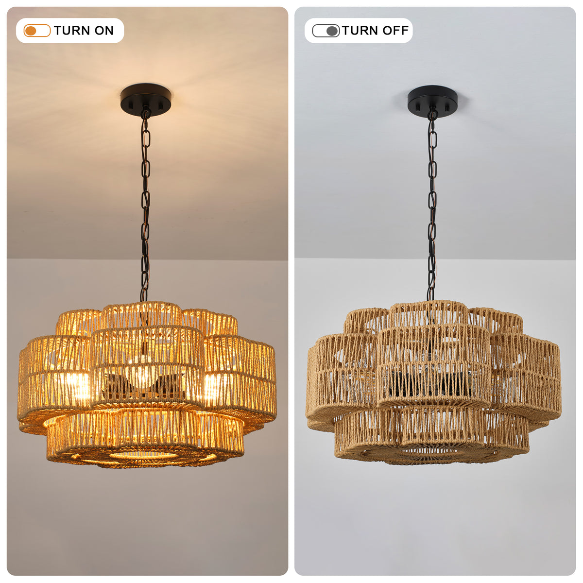 21.65-Inch 2-Tier Paper Rope Chandelier, Black Metal, 6-Light Pendant