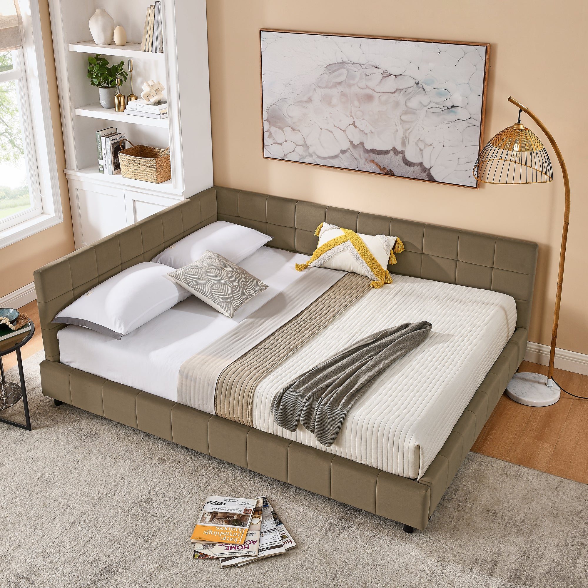 Queen Size Upholstered Tufted Bed Frame in Velvet Brown