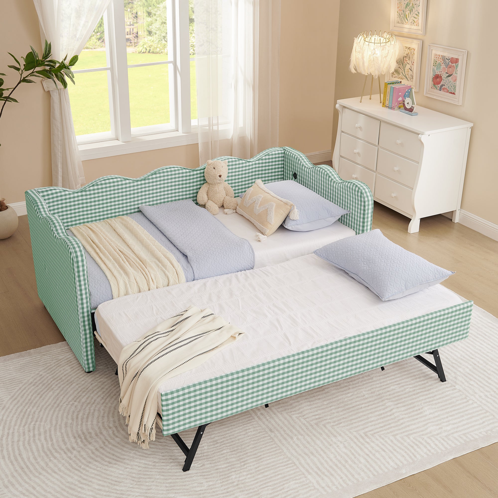 Cozy Gingham Daybed with Trundle Twin Size Sofa Bed