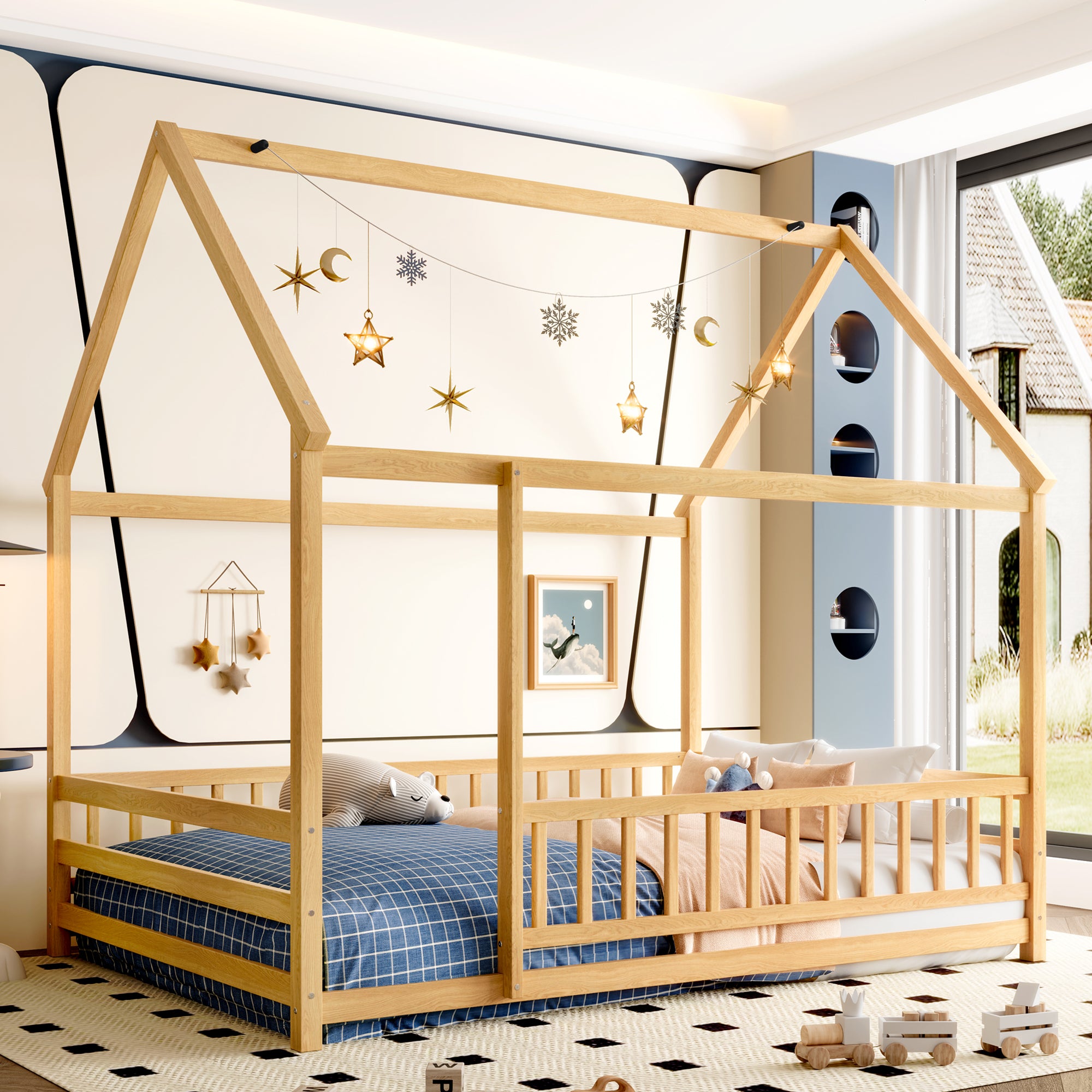 Full Size Floor Wooden Bed with House Roof Frame, Fence Guardrails