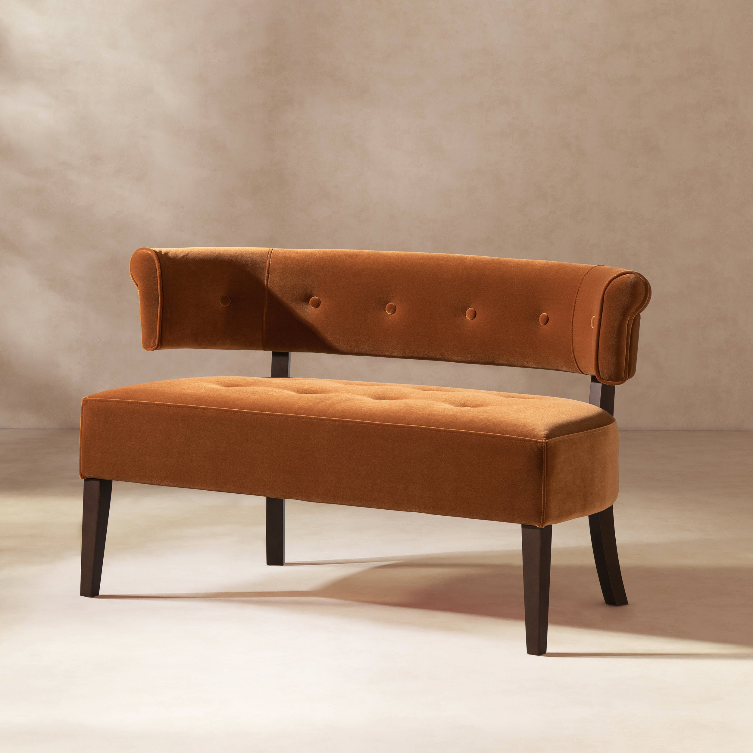 Jared Roll Arm Tufted Bench Settee, Burnt