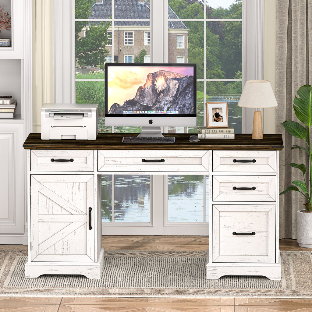 58" Farmhouse Executive Desk with Drawers and File Cabinet