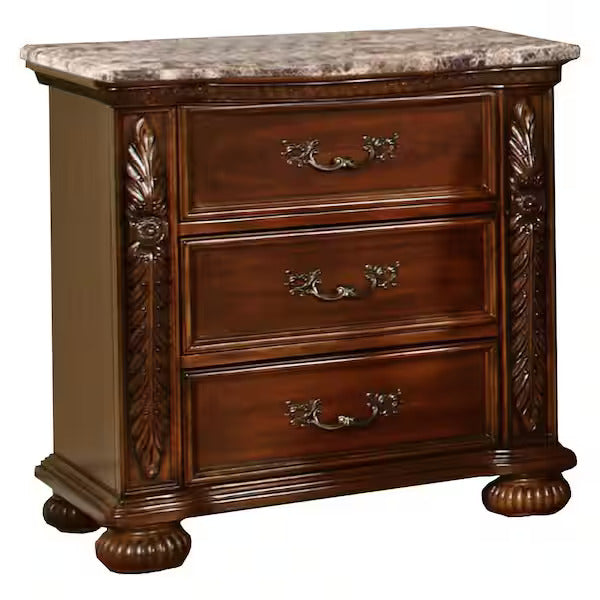 Cherry Three Drawer Nightstand with Faux Marble Top
