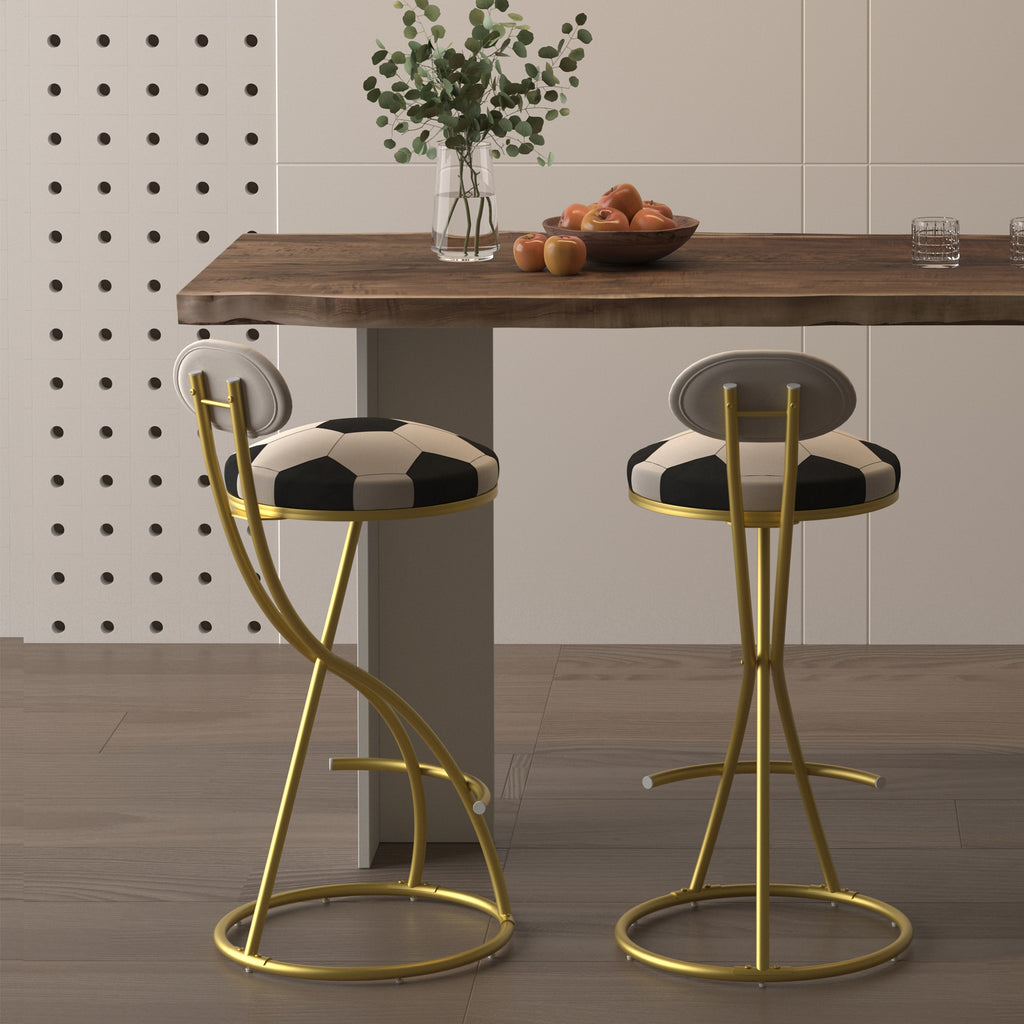 Football Print Bar Stools Set of 2, Counter Height, Gold Frame, Creamy White Velvet