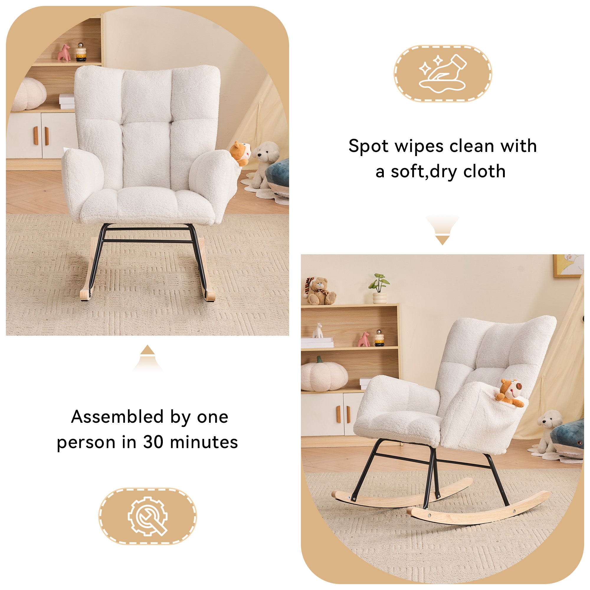 Teddy Fabric Leisure Rocking Chair with Tufted Backrest