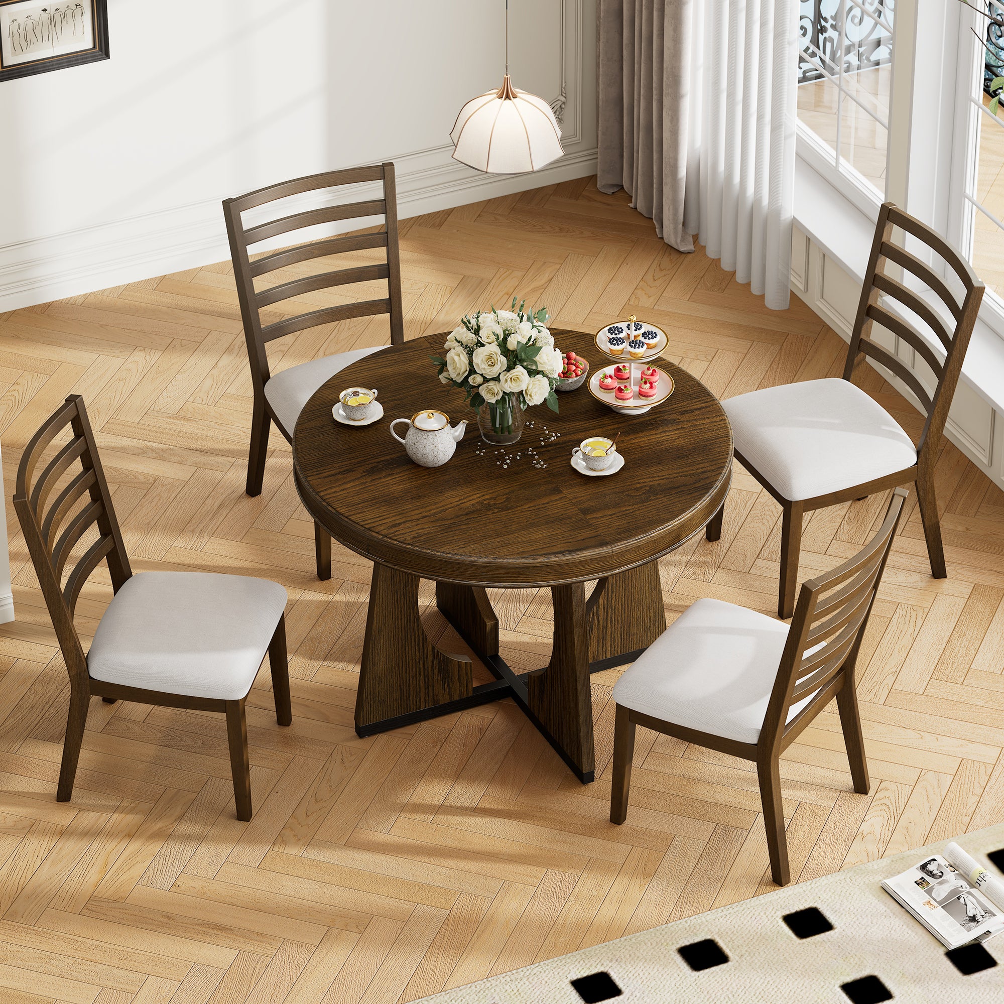 TREXM Round Dining Table for 4 with Chairs Set