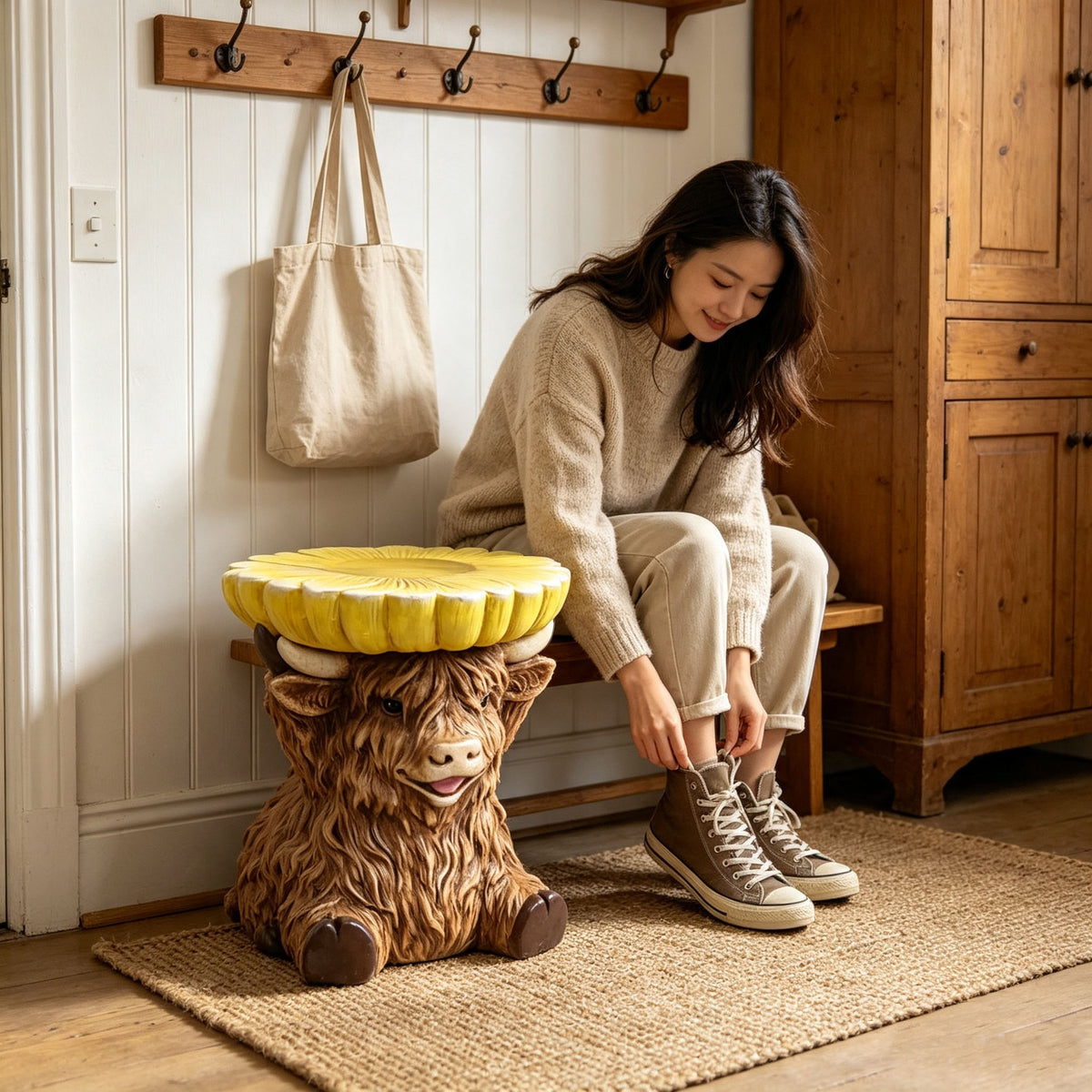 Highland Cow Stool with Sunflower Tabletop