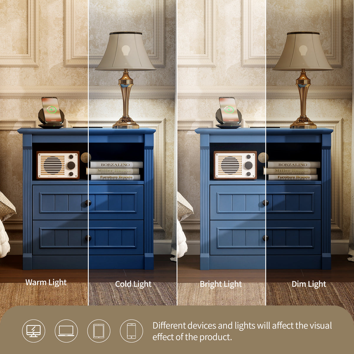 Dusty Nightstand with Charging Station, 2-Drawer, Aged Blue