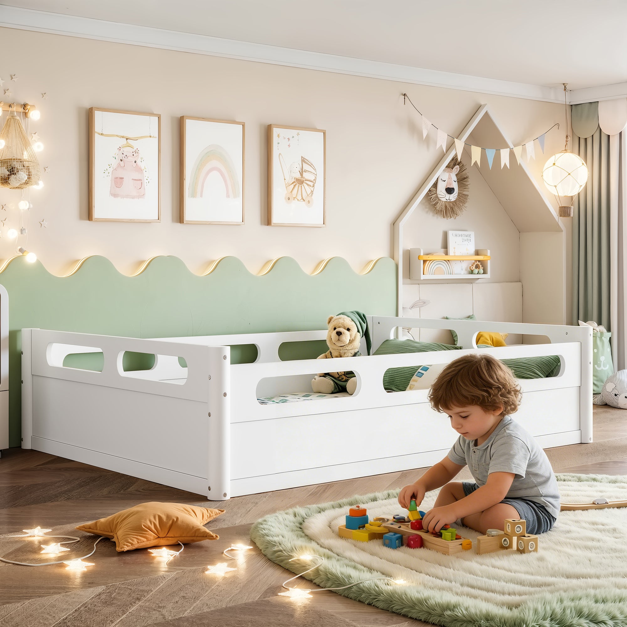 Full Size Platform Bed with Full-length Guardrails