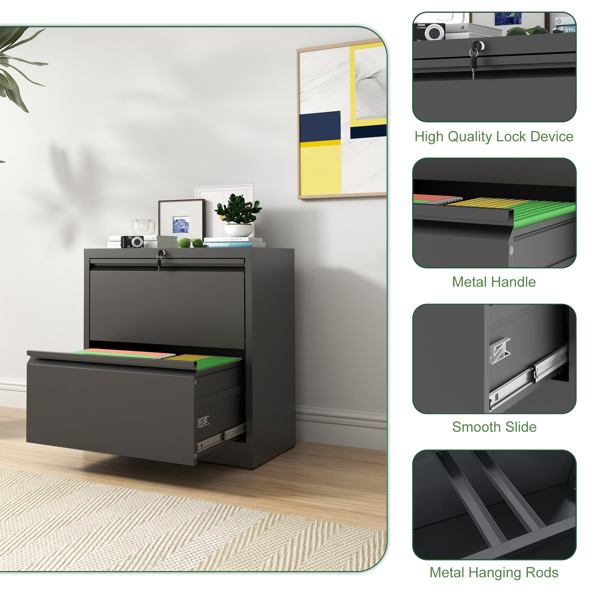 2 Drawer Lateral File Cabinet with Lock - Black