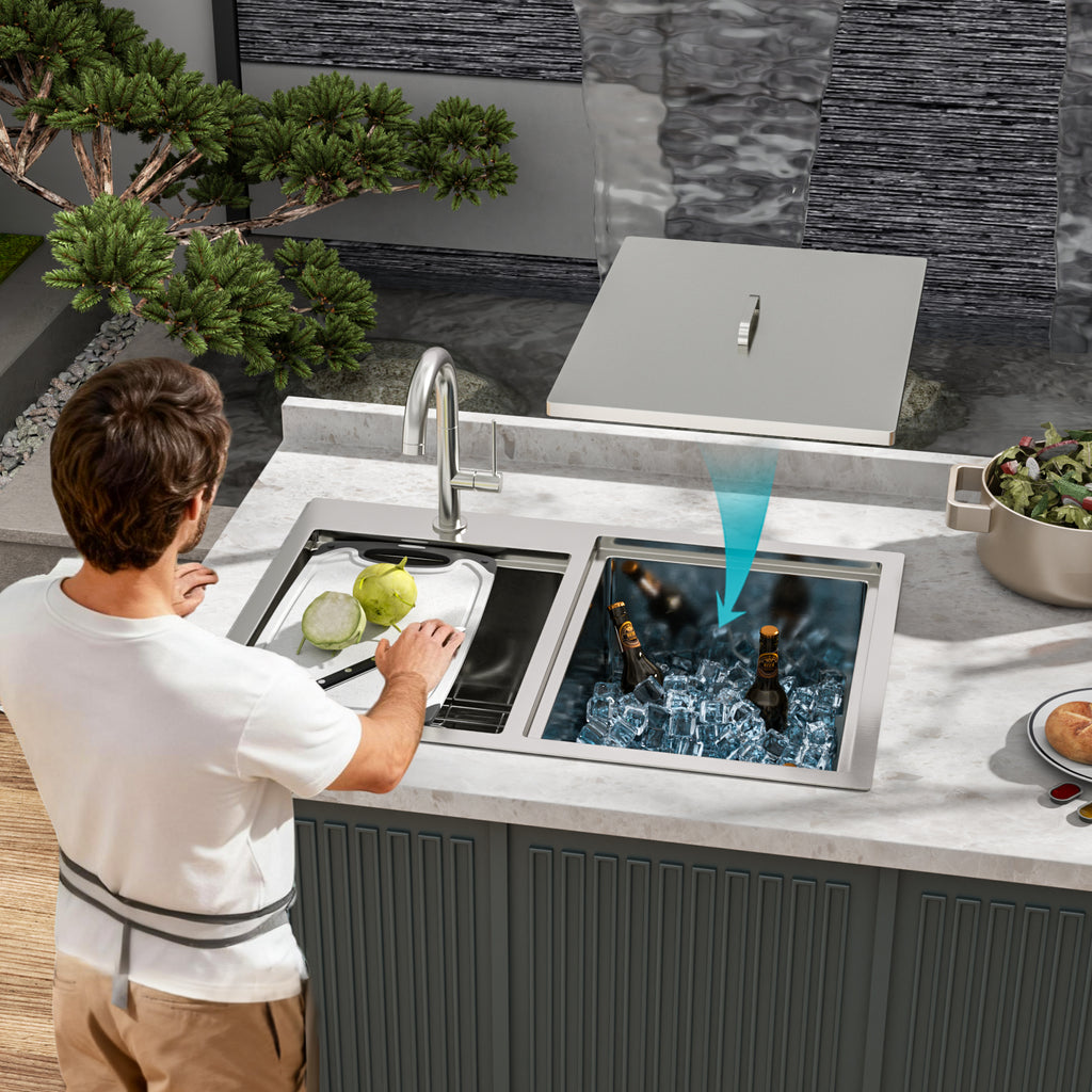 Outdoor Double Bowl Drop-In Stainless Steel Sink with Workstation