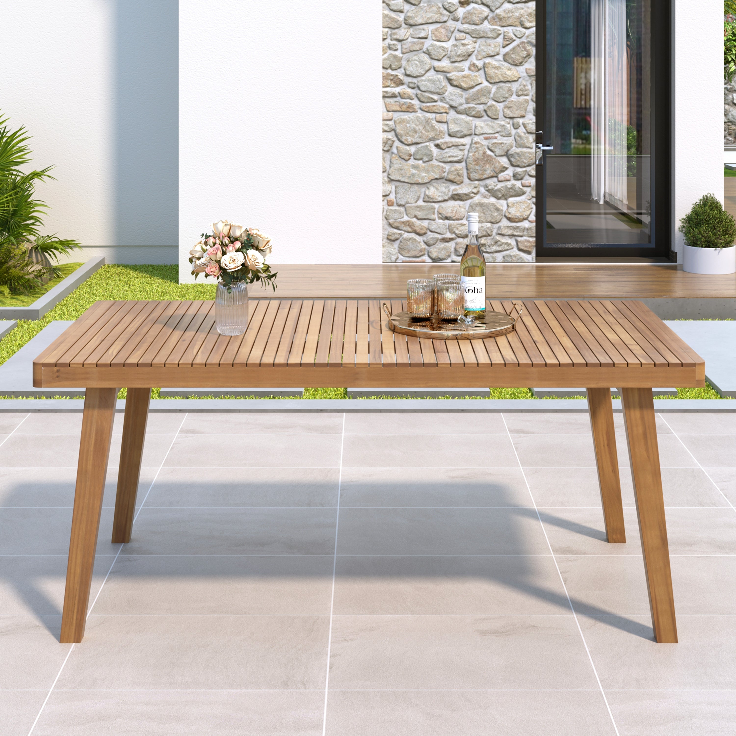 69" Acacia Wood Outdoor Dining Table with Slatted Top