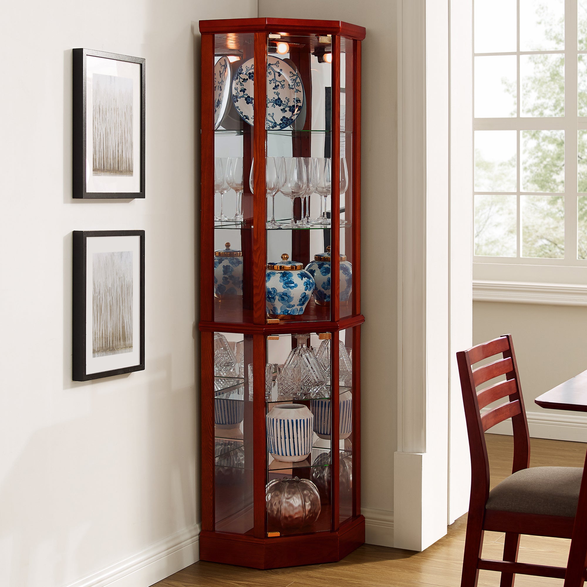 6 Shelf Lighted Corner Curio Cabinet with Adjustable Shelves