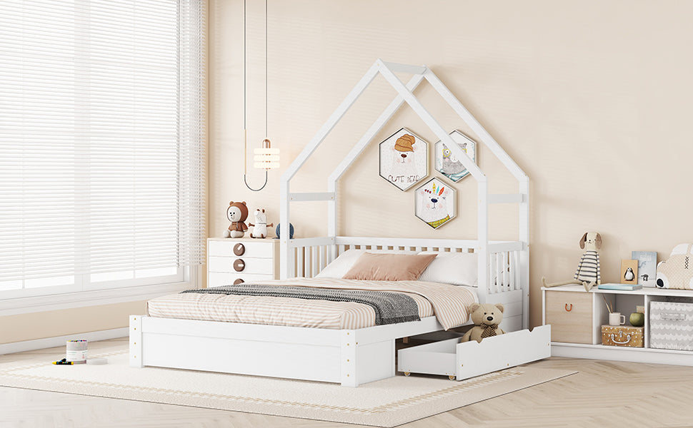 Wood Queen Size House Platform Bed with Guardrail and 2 Drawers