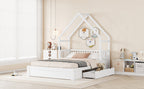 Wood Queen Size House Platform Bed with Guardrail and 2 Drawers