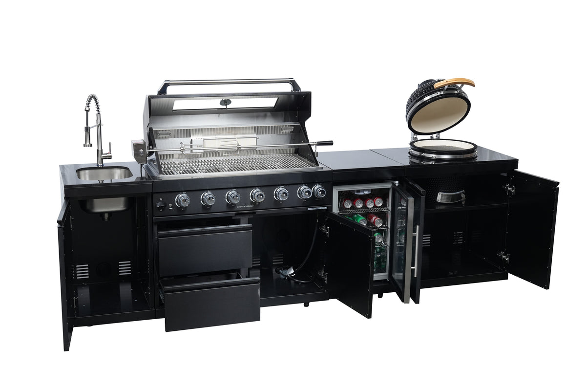 Black 115-Inch 85000-BTU Stainless Steel Gas Outdoor Kitchen Bar Barbecue Island Grill with Kamado grill ,Wine Cooler Compact Refrigerator Rotisserie Granite Countertops Storage Cabinets & Drawers