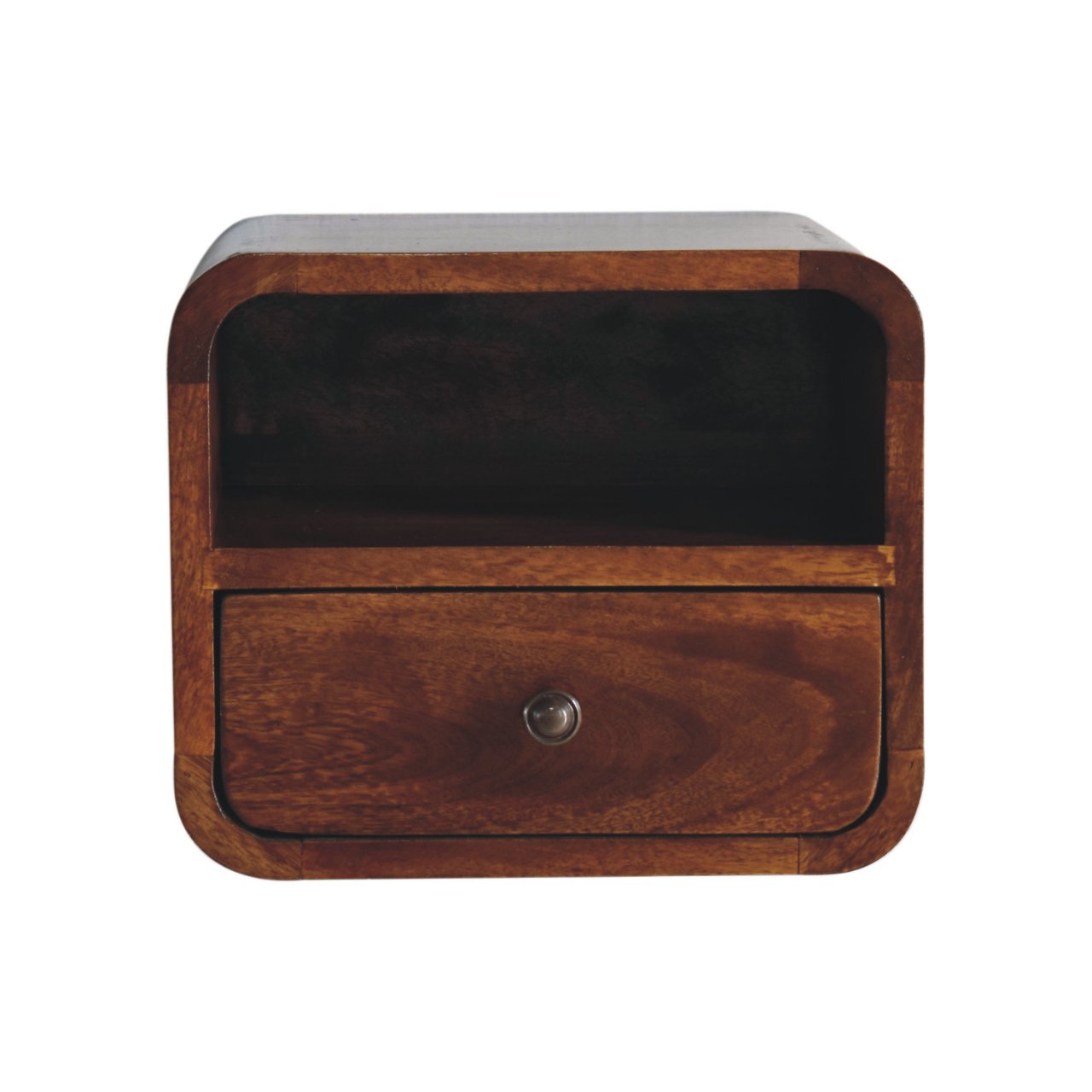 Extra Mini Wall-Mounted Curved Chestnut Nightstand, Open Slot, 1-Drawer
