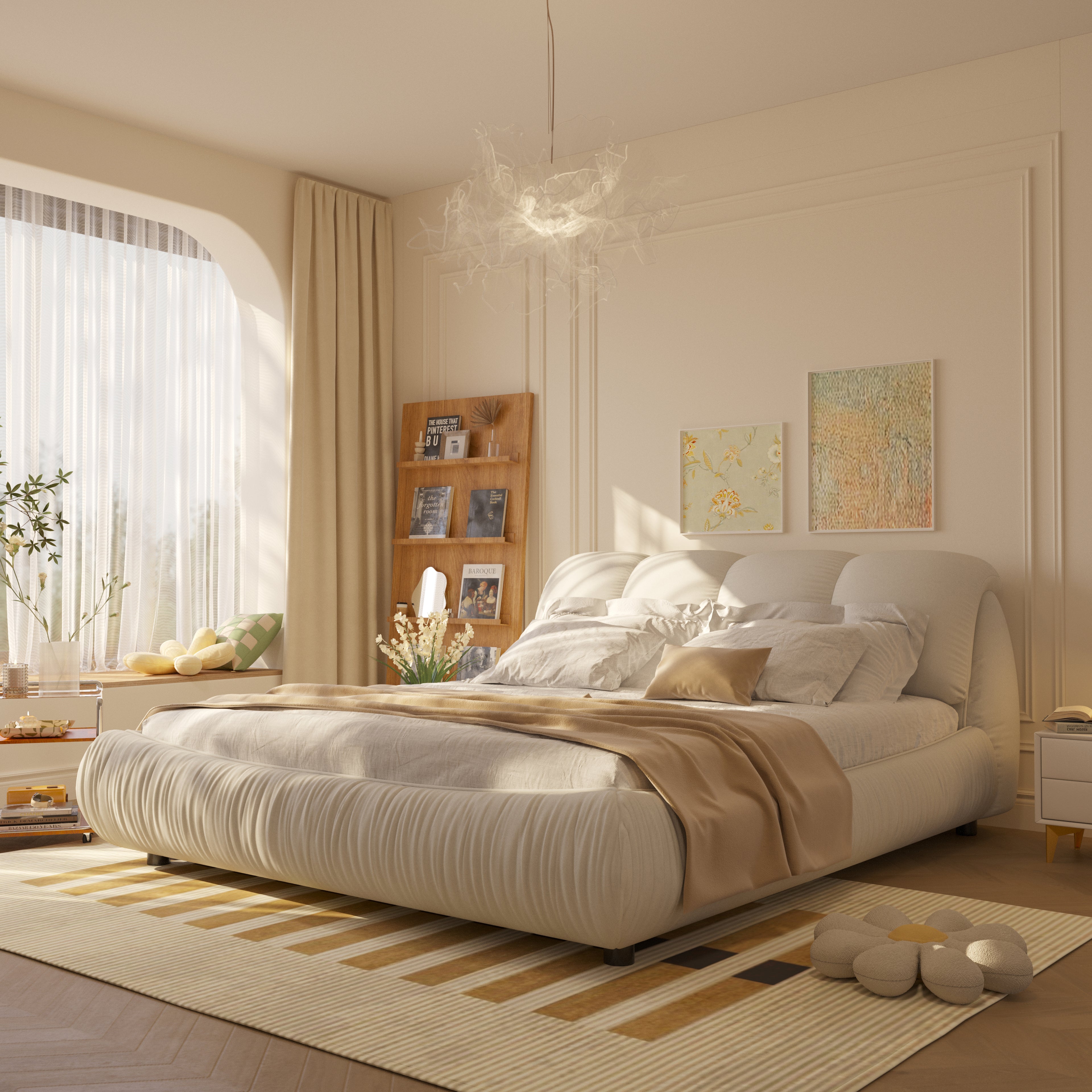 Queen Size Luxury Upholstered Platform Bed with Oversized Padded Backrest