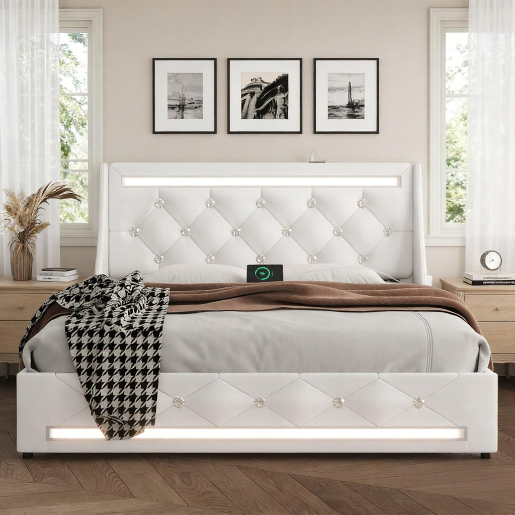 Full Size Bed Frame with Wingback Upholstered Headboard