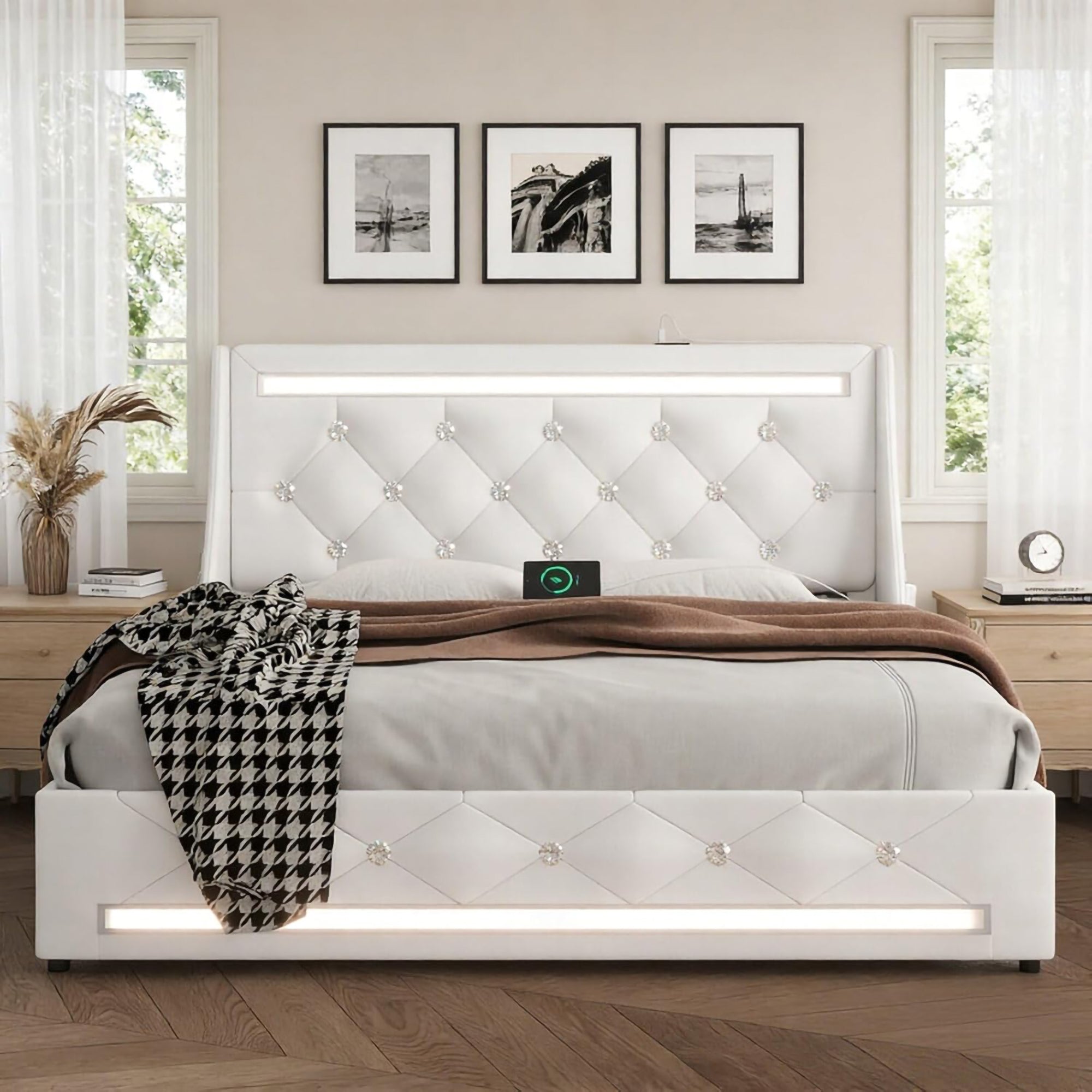 Full Size Bed Frame with Wingback Upholstered Headboard
