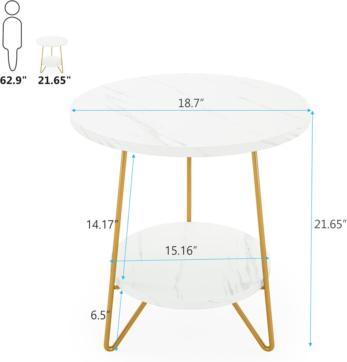 18.7” Round Faux Marble End Table, 2-Tier Round