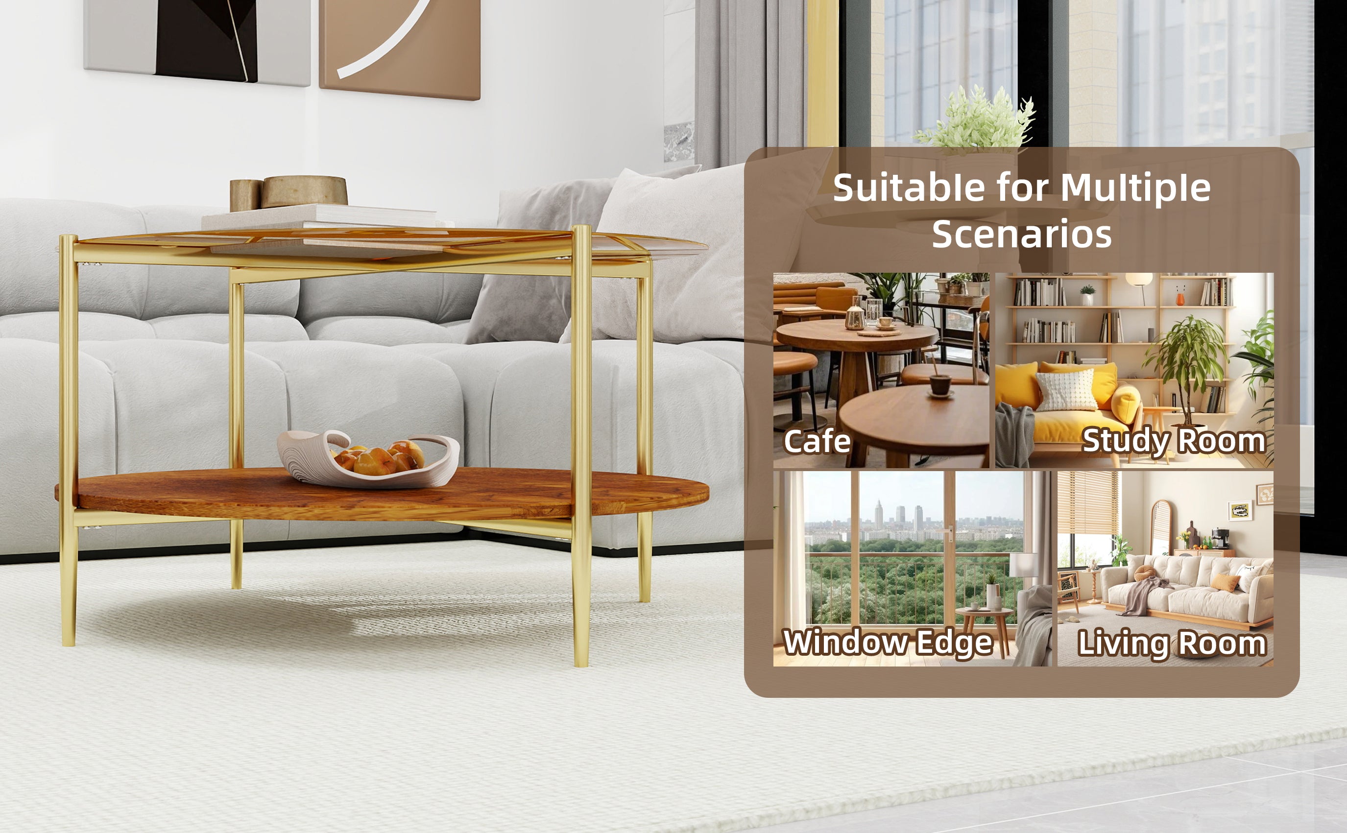 Luxurious Round Coffee Table with Gold-Tinted Tempered Glass Top