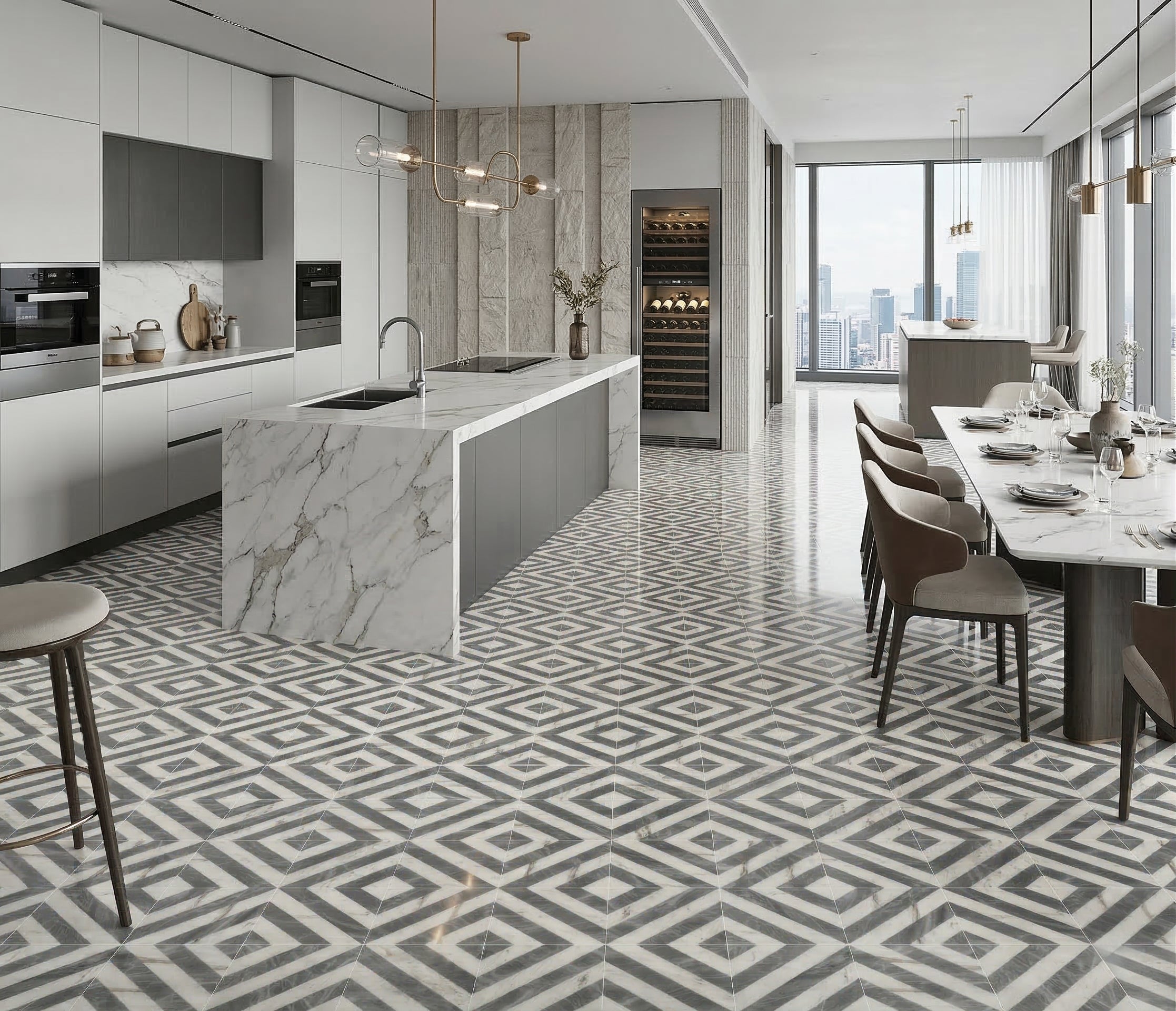 12x12 Waterjet Polished Marble Tile - White & Gray