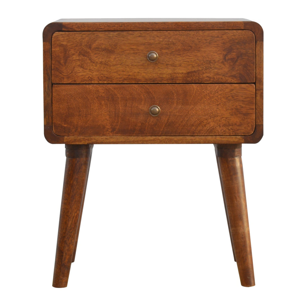 Solid Wood Curved Nightstand, 2-Drawers, Chestnut