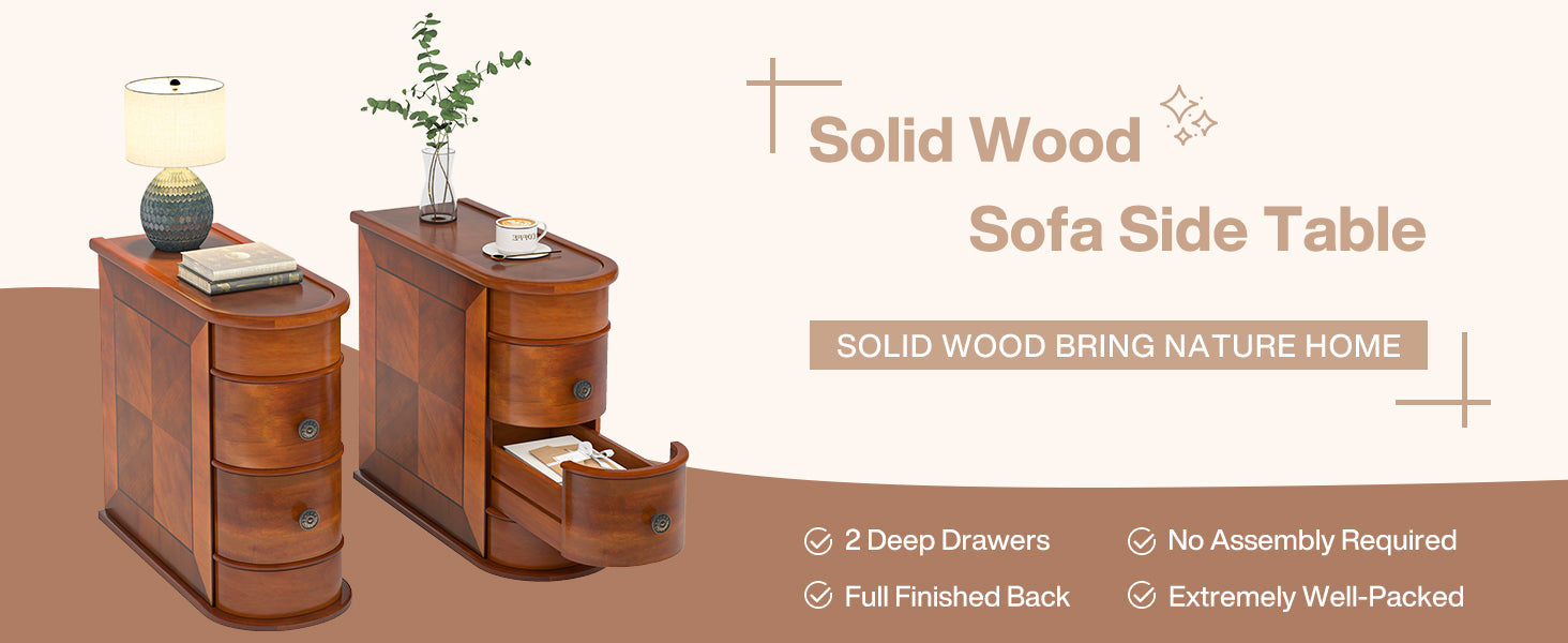 10.8" Solid Wood Narrow End Table with 2 Drawers