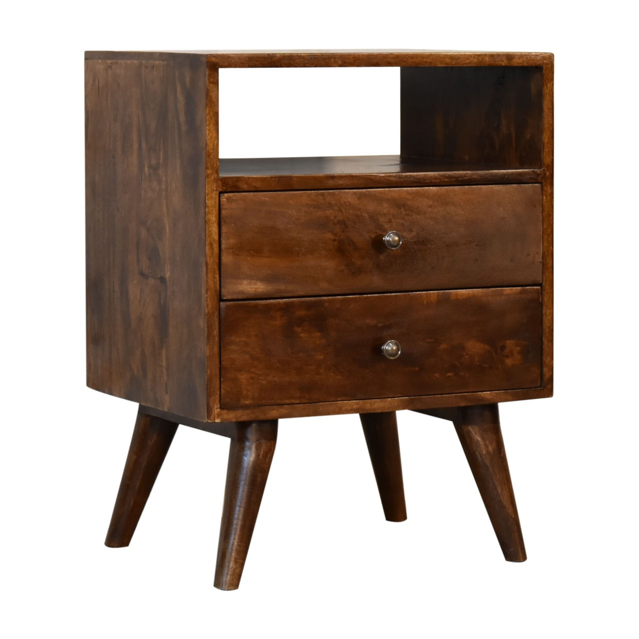 Classic Chestnut Nightstand, 2-Drawers, 1 Open-Slot, Nordic Legs
