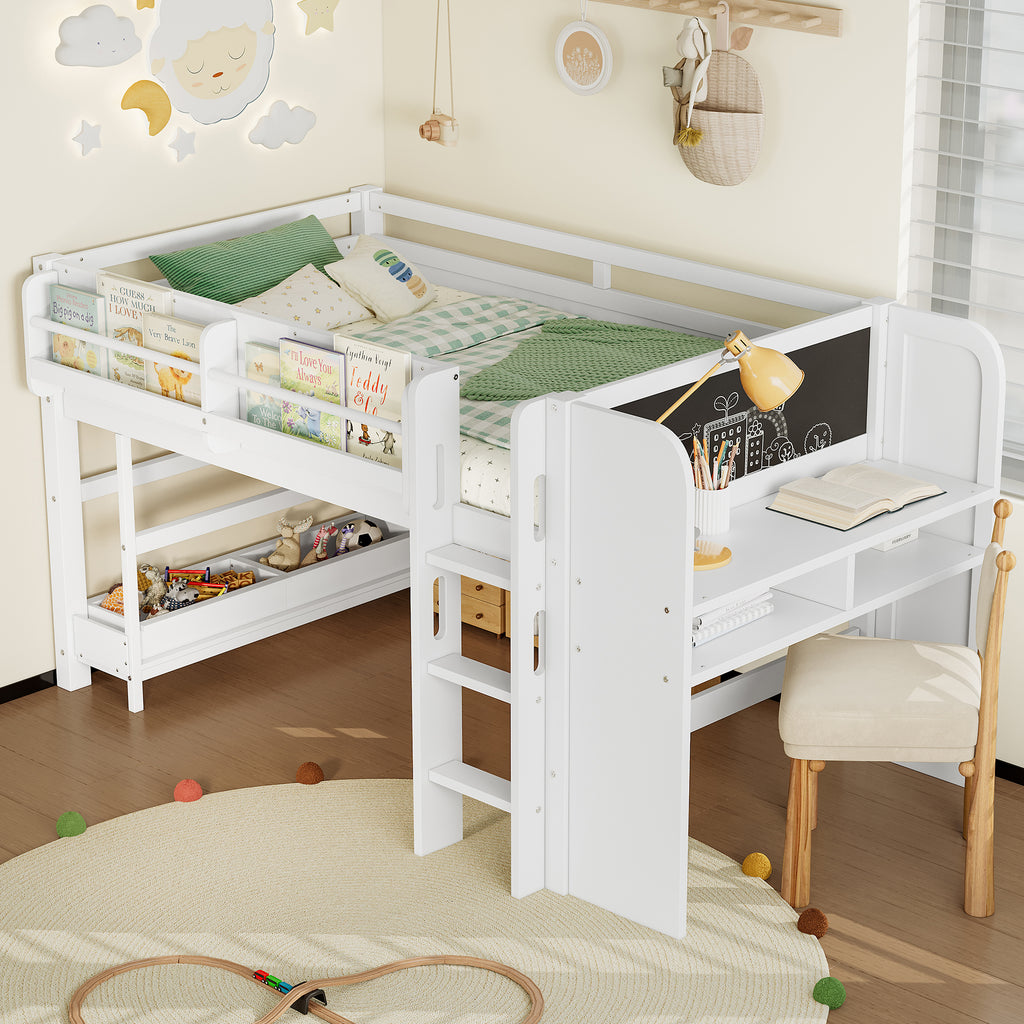 Twin Loft Bed with Multi-Storage Bookcases, Boxes and Drawers