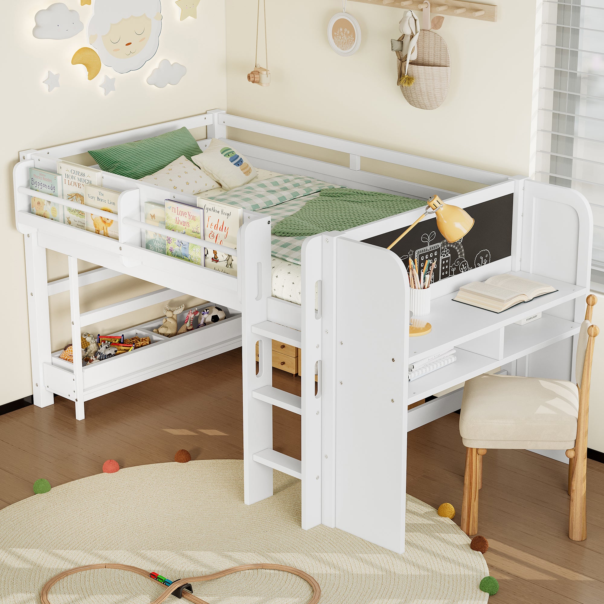 Twin Loft Bed with Multi-Storage Bookcases, Boxes and Drawers
