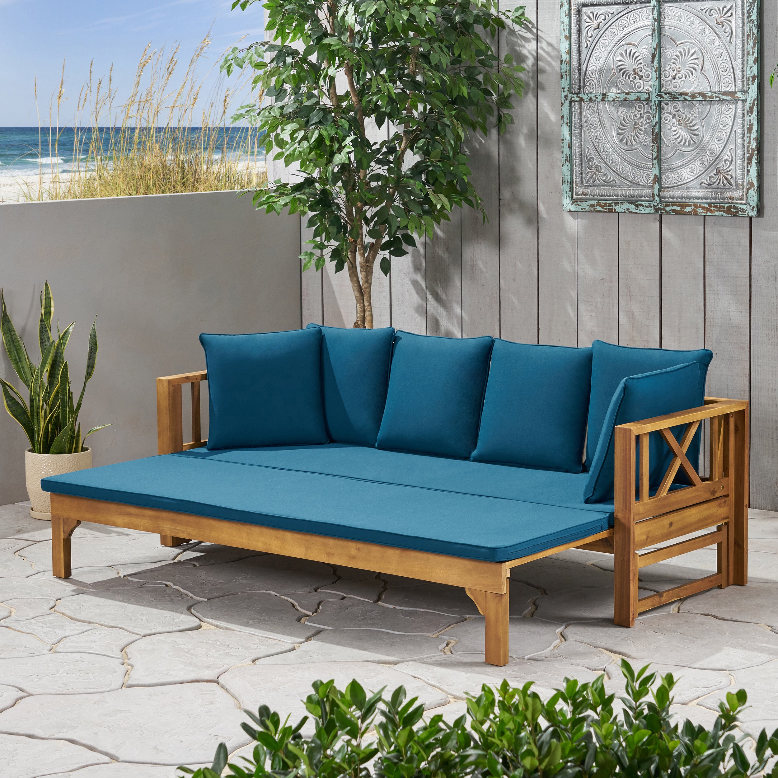 Outdoor Extendable Acacia Wood 3 Seater Sofa