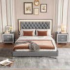 3-Pieces Bedroom Set - Queen Size Upholstered Platform Bed with LED Lights