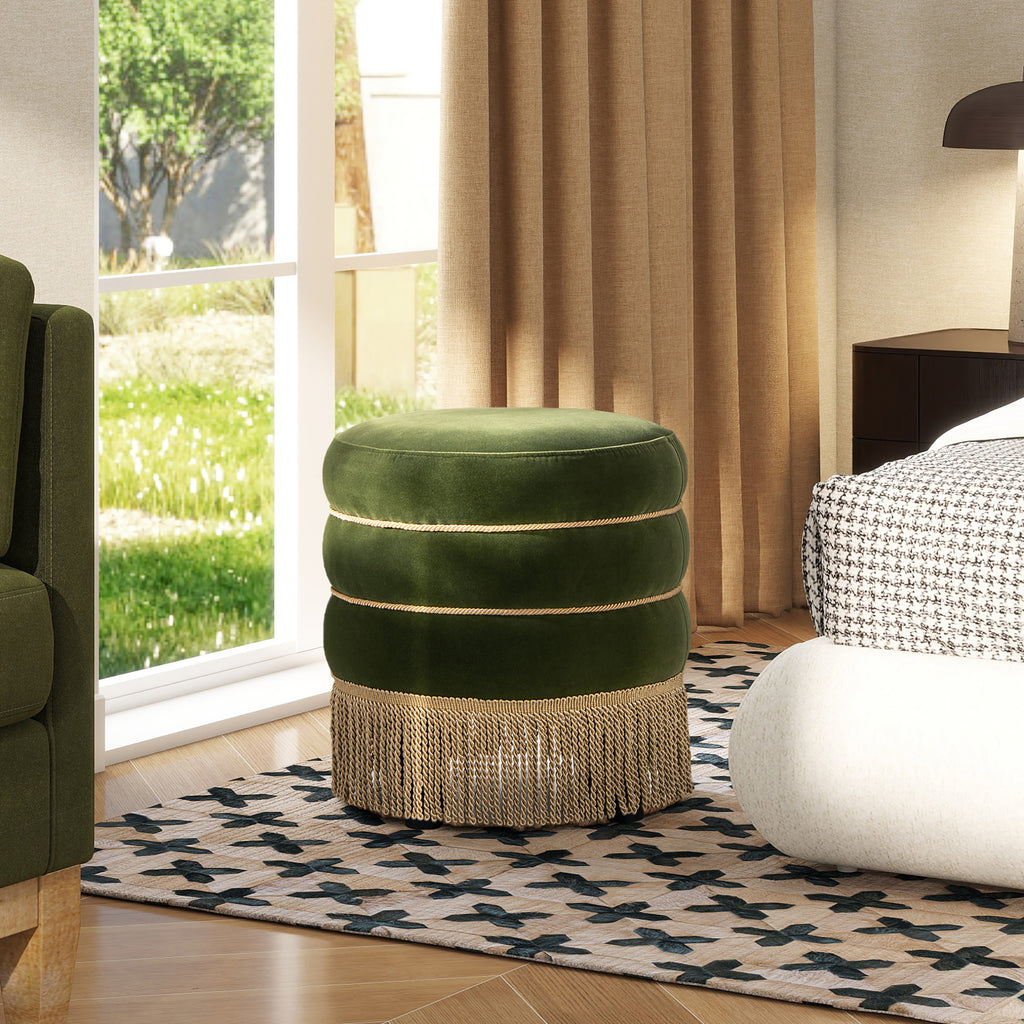Edward 17.5" Round Upholstered Ottoman with Bullion Fringe, Olive