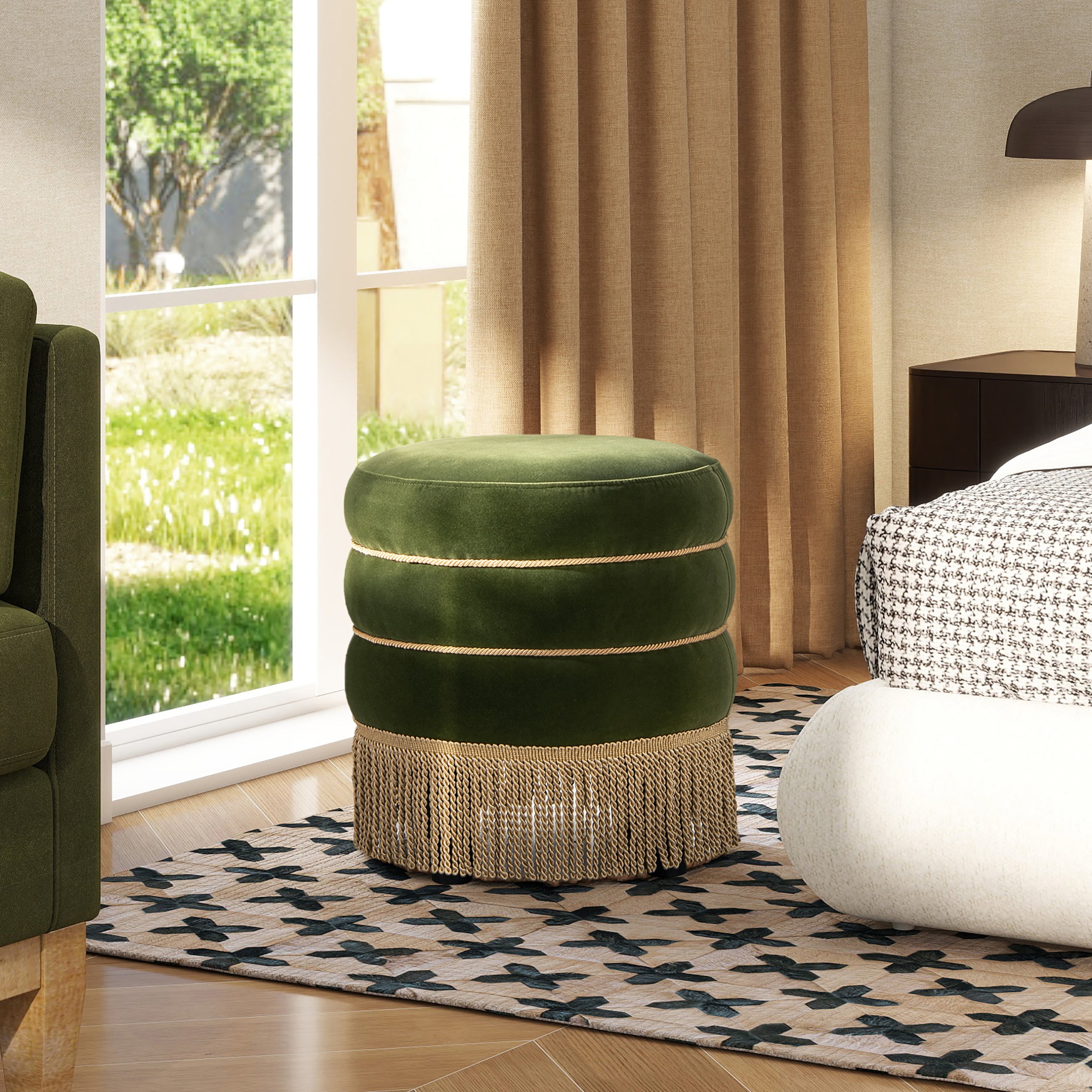 Edward 17.5" Round Upholstered Ottoman with Bullion Fringe, Olive