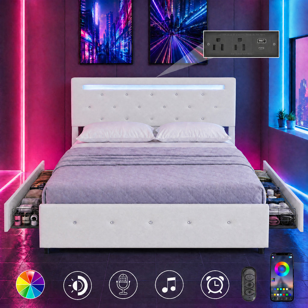Queen Size Bed Frame with LED Light and 4 Storage Drawers