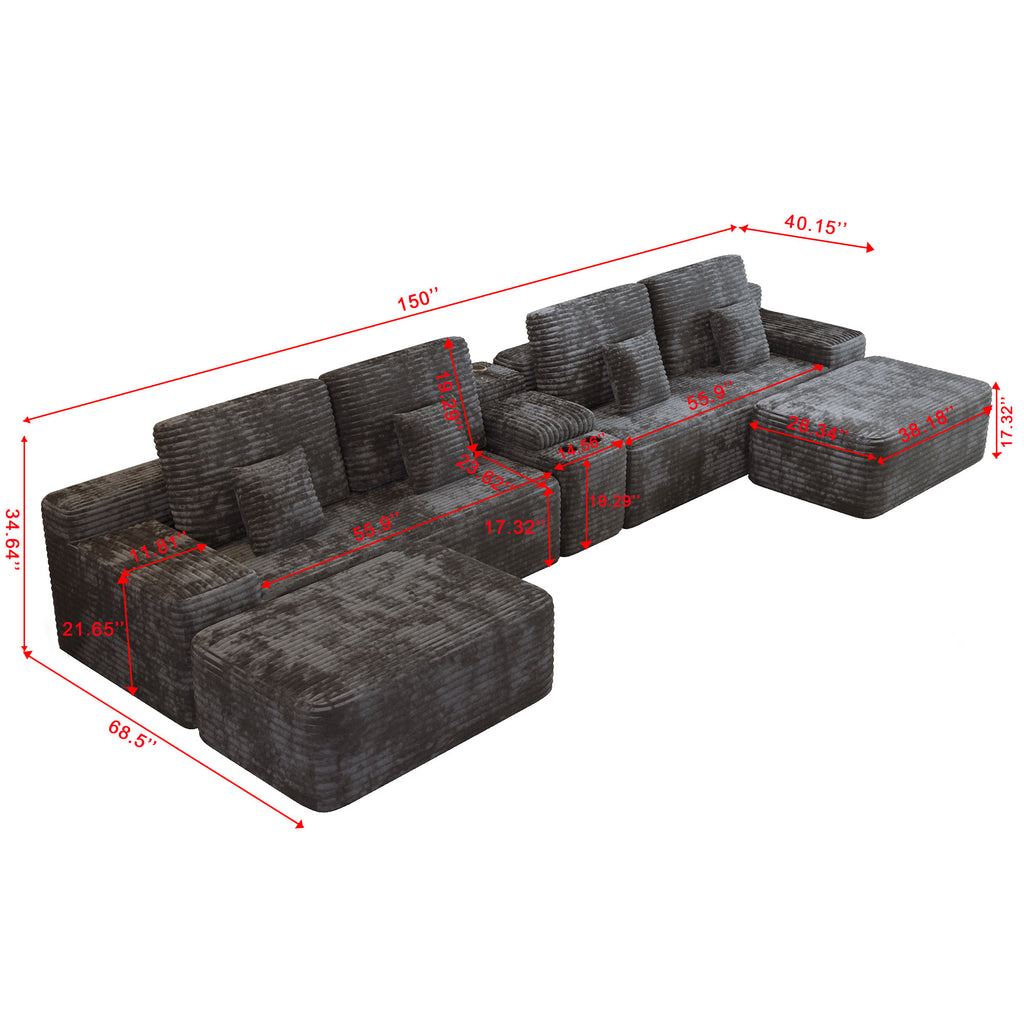 150" Width 5-Piece Sectional Sofa with 2 Ottomans