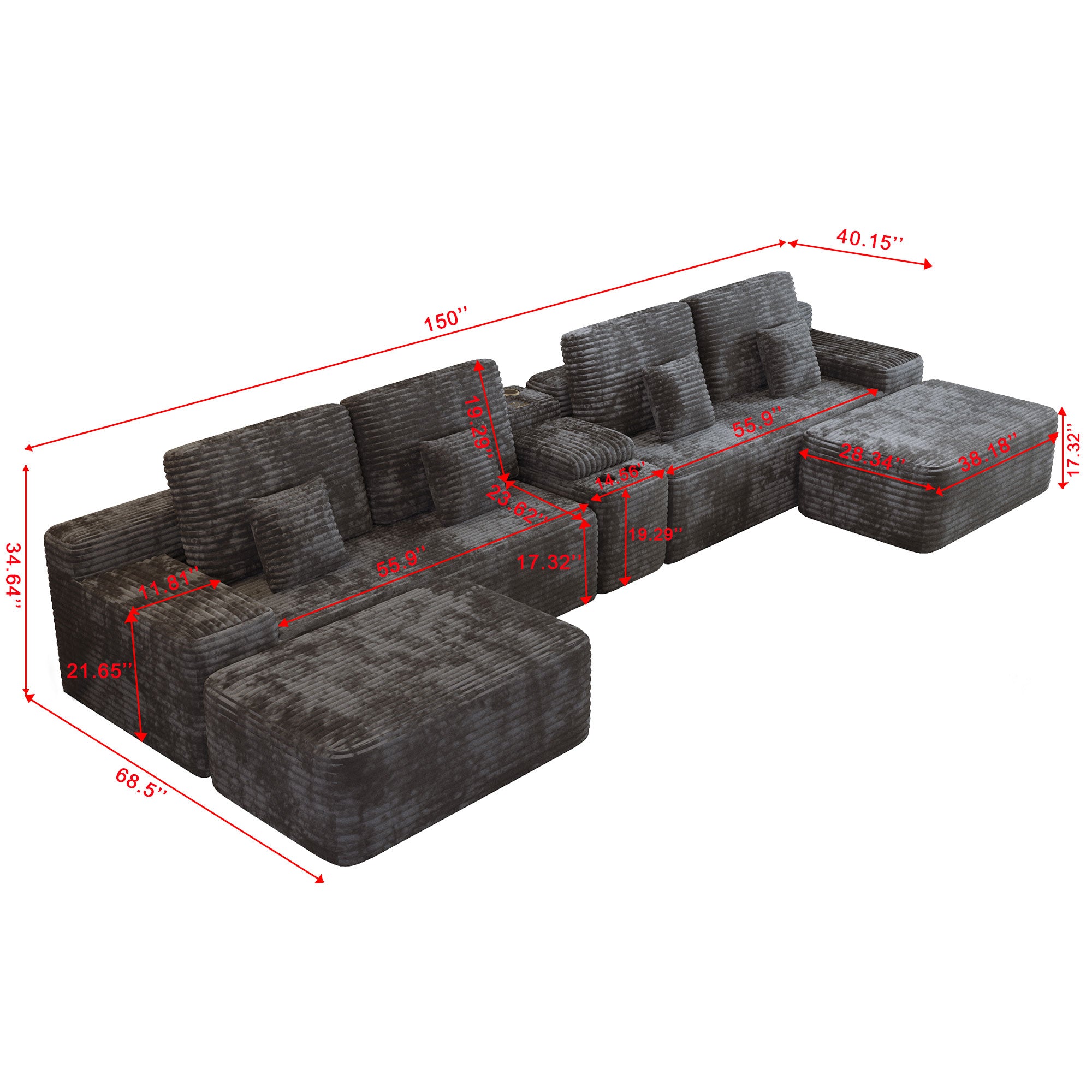 150" Width 5-Piece Sectional Sofa with 2 Ottomans